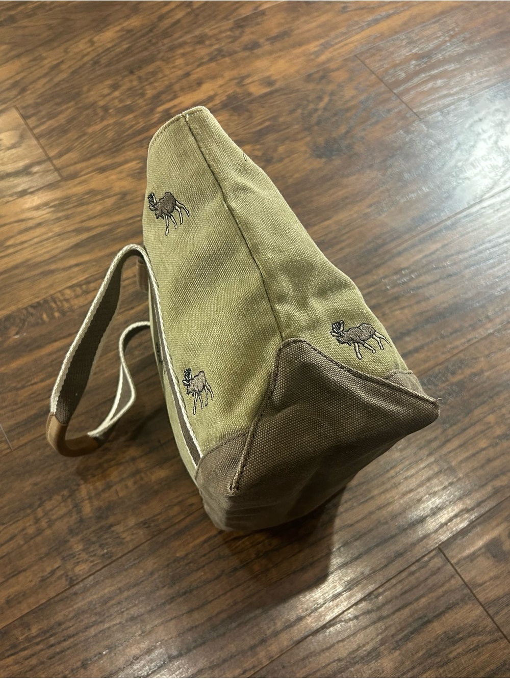 VINTAGE L.L.Bean Canvas Boat & Tote Moose Tan Brown Leather Trim Small Purse Bag - Picture 8 of 14